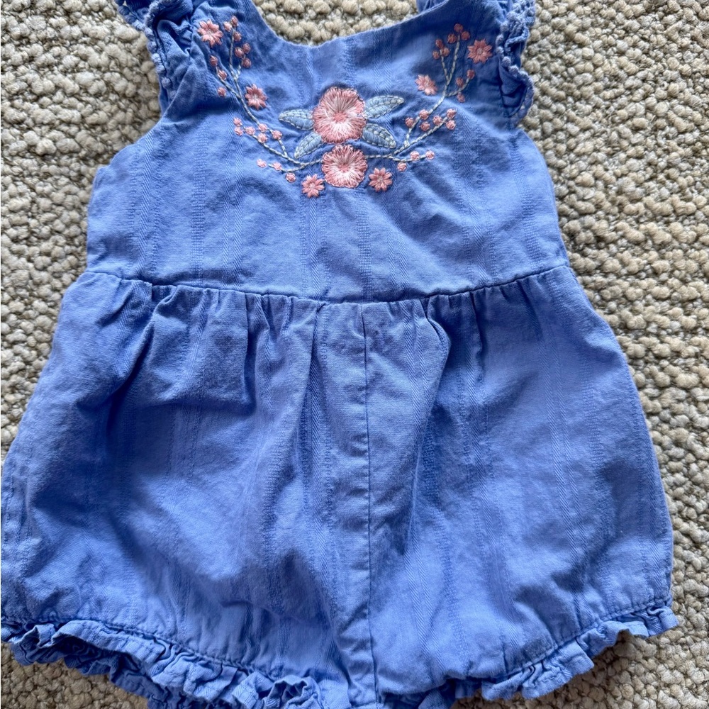 Baby Girl 0-3m, Blue Floral Embroidered Romper